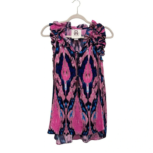 Figue Fabiana Ikat Ruffles Sleeveless Tassel Top Blouse Pink Blue Size L - Picture 3 of 10